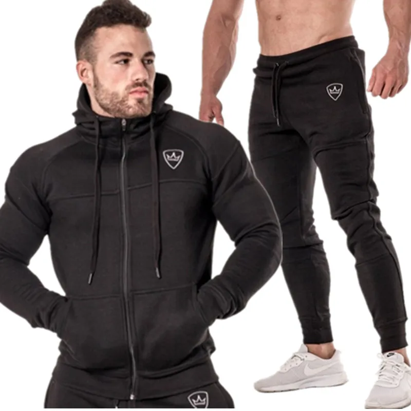 2 pieces Sping Running Set Long Sleeve Stand Collar Sweatshirt Sports Set Gym Clothes Men Sport Suit Training Suit Sport Wear - Цвет: black