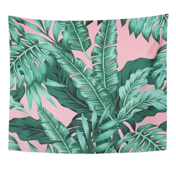 

Watercolor Floral Black Leaf Tropical Green Leaves Pink Exotic Red Banana Jungle Tapestry Home Decor Wall Hanging for Living