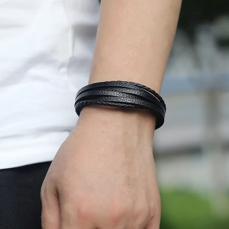 

Bracelet Men Multilayer Leather Bangles Magnetic-clasp Cowhide Braided Multi Layer Wrap Trendy Bracelet Armband pulsera hombre