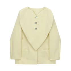 Dupla face casaco de lã feminino amarelo destacável grande coração pêssego feminino decote em v blazer temperamento solto personalidade senhoras terno