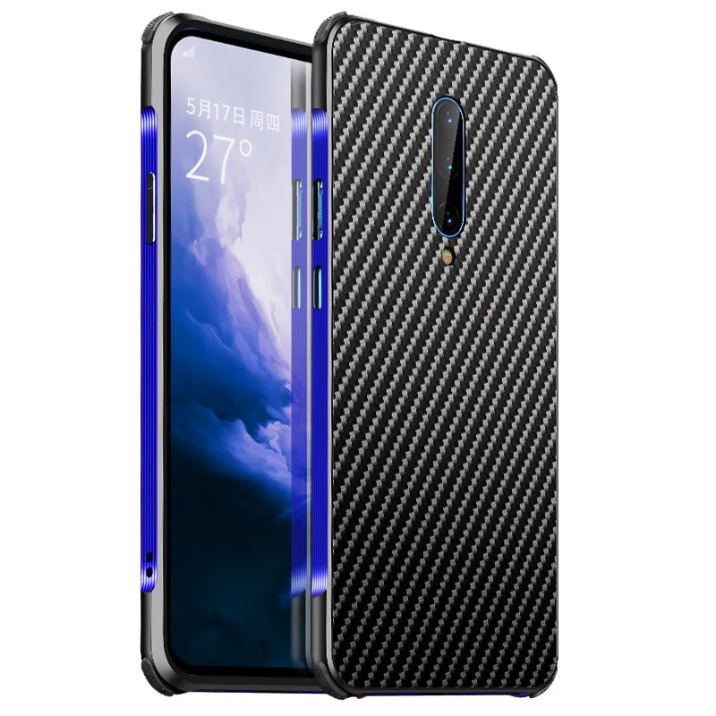 Стильный чехол из углеродного волокна для Oneplus 7 Pro Чехол Oneplus7 Алюминиевый металлический бампер чехол для телефона для Oneplus 7 1+ 7 Чехол Capa - Цвет: blue-black