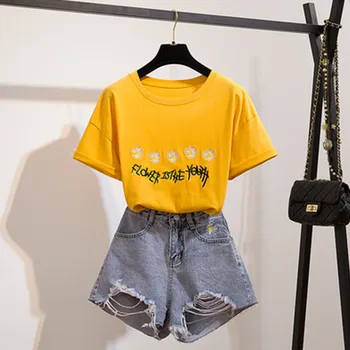 

Summer Jeans Suits Woman New Holes Denim Shorts + Embroidery Daisy Letter T-shirt Top Two Piece Set Female Lady Hot Pants