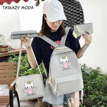 

2020 4pcs/Set Cartoon Alphabet Student Cat Backpack Casual Large Capacity Travel Multi-Function Small Ladies School Backpack New