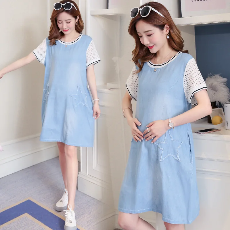 

Pregnant Women Computer Cable Lock Summer Wear Short Sleeve Lace Joint Cowboy Mid-length Pregnant Women Dress