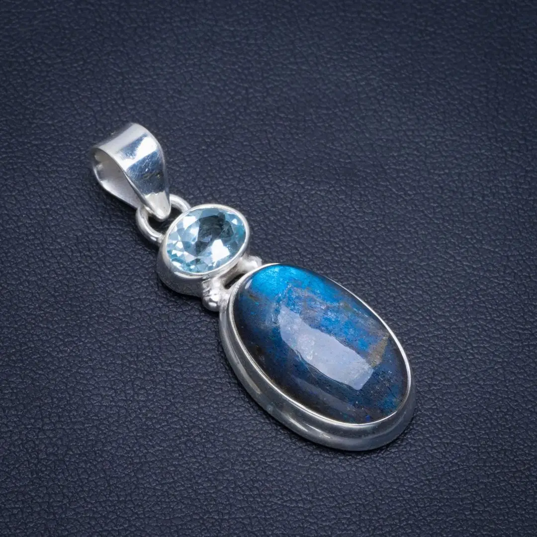 

Natural Blue Fire Labradorite and Blue Topaz Handmade Unique 925 Sterling Silver Pendant 1.5" B3034