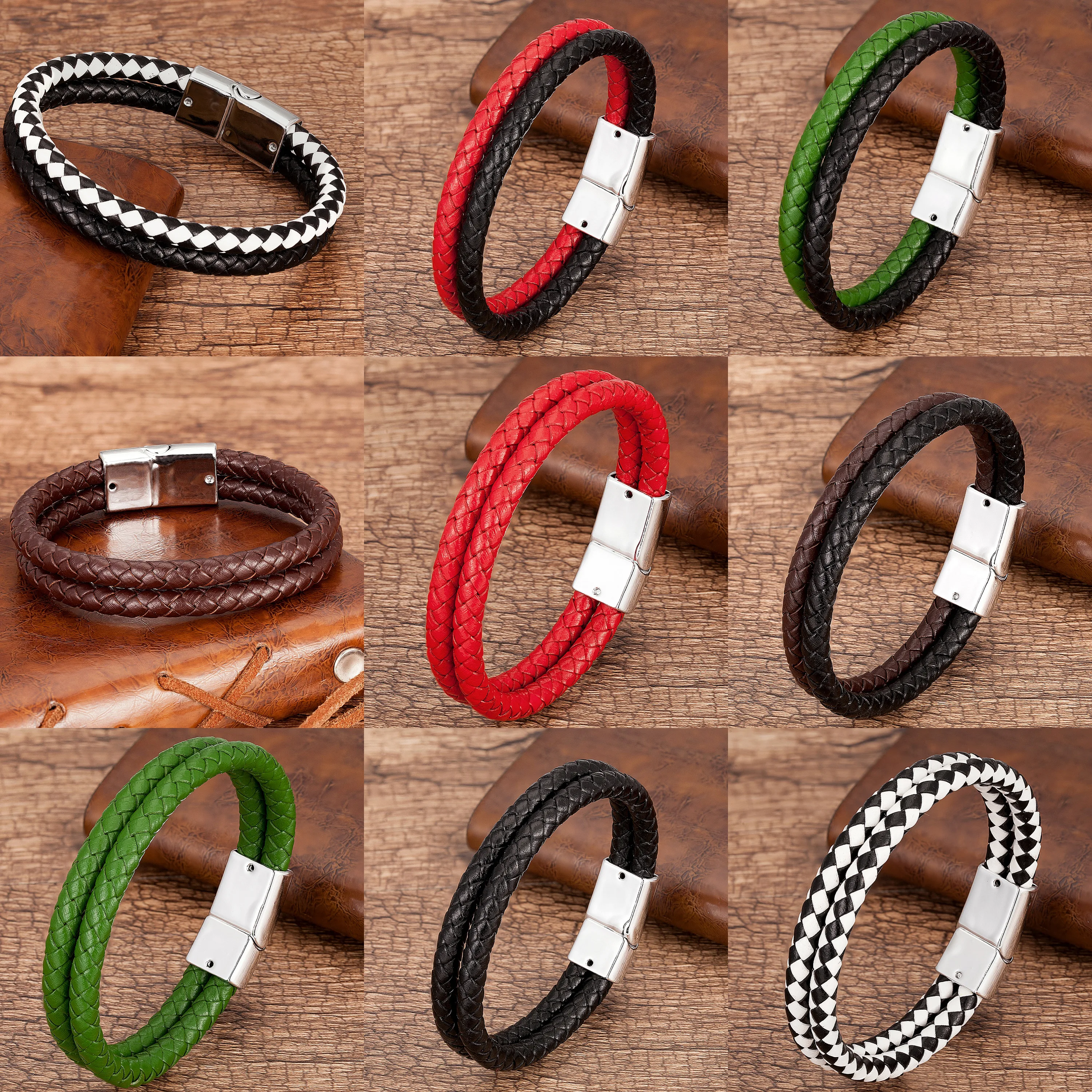 Bracelet Jewelry Men Bracelet Multilayer Genuine Leather Bracelets Charm White Black Metal Magnetic Clasp 9 Style