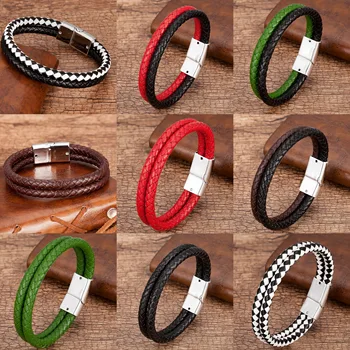 9 Style High Quality Men Bracelet Multilayer Genuine Leather Bracelets Charm White Black Metal Magnetic Clasp Male Jewelry Gifts