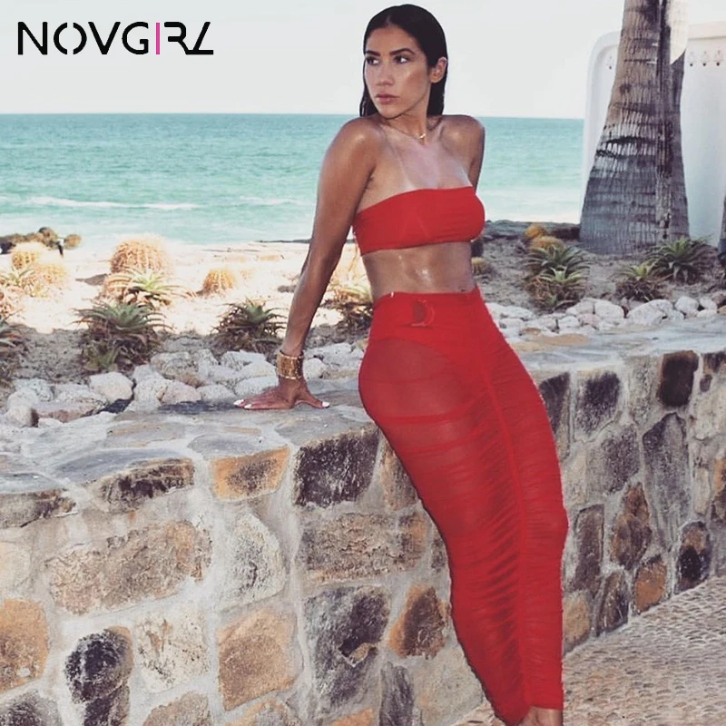 Novgirl/красные сетчатые длинные юбки для женщин, прозрачные Облегающие юбки с рюшами, сексуальные макси юбки, вечерние юбки-карандаш для ночного клуба, Mujer