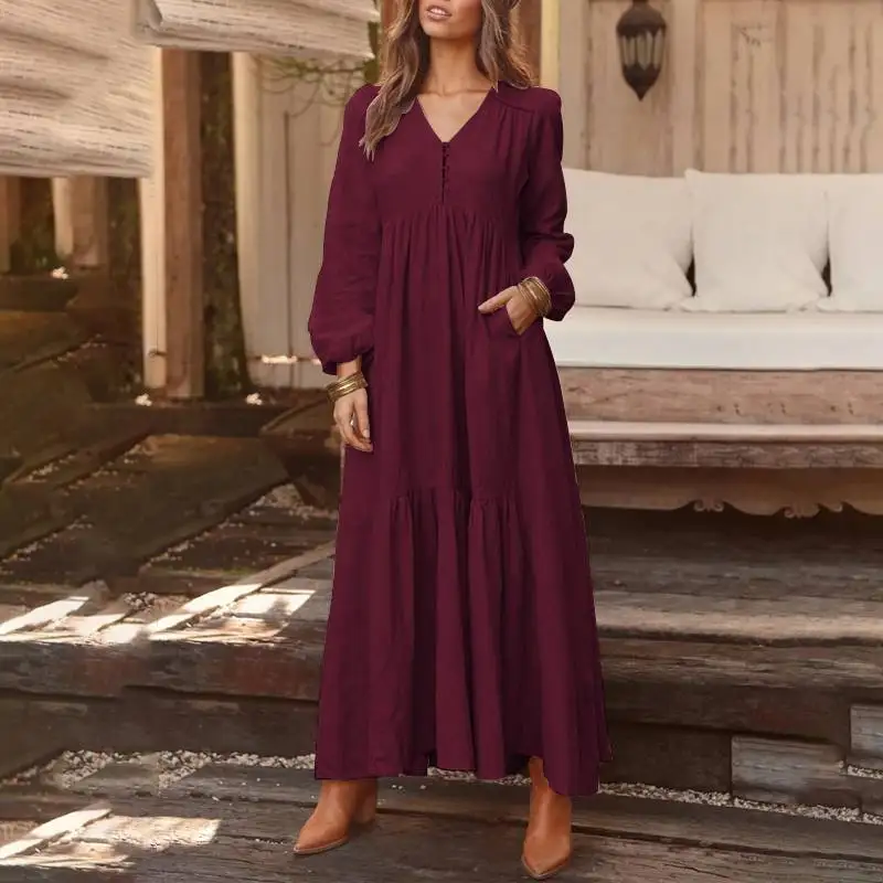 Wine Red ZANZEA, Длинное Макси платье, женские винтажные шикарные платья, осень, богемное свободное платье, повседневное свободное платье с карманами, женское платье размера плюс - Цвет: Wine Red