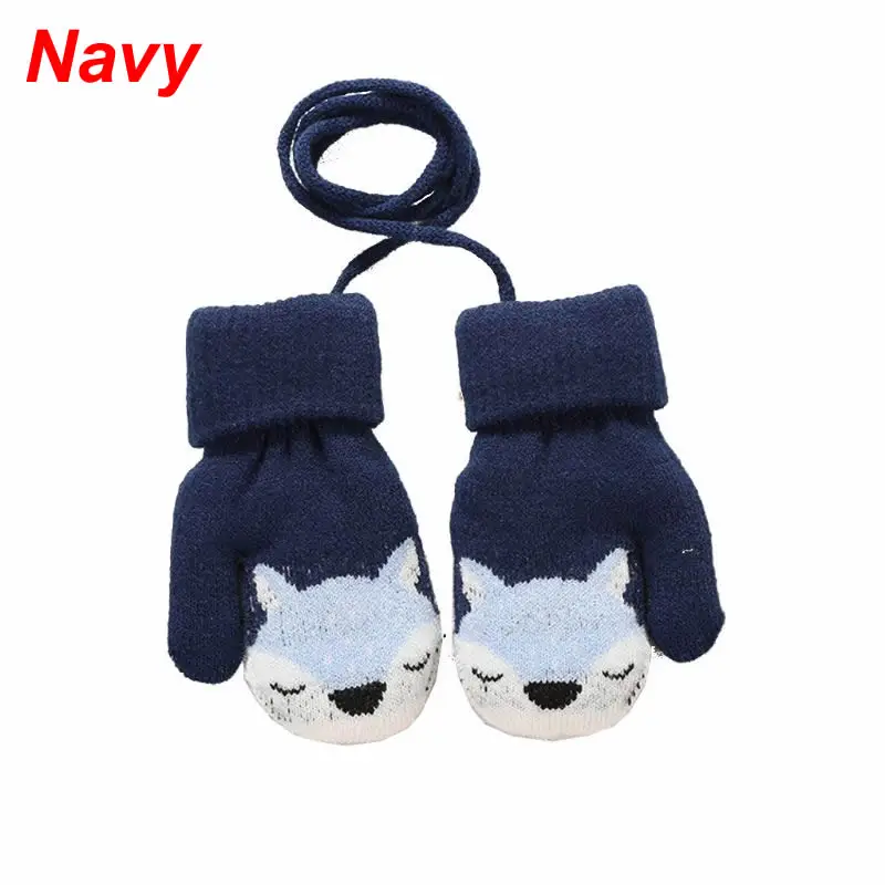 New Cute Cartoon Fox Baby Gloves Baby Winter Wool Plus Thick Full Rope Finger Mittens Boy Girl Warm Knitted Glove for Kids Boys - Цвет: Navy