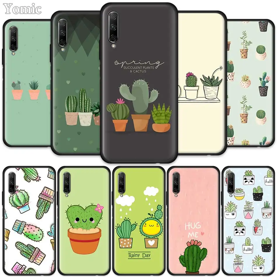 

Cute Green Cactus Potted Plant Case for Huawei Honor 9X Pro 10 20 Lite 20i V20 8X 8C 8A 8S Play Black Silicone Phone Cover