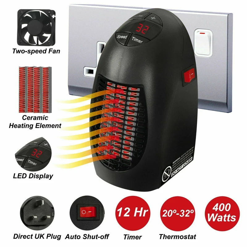 

ELOOLE Portable Plug In Electric Heater 400W Mini Space Fan Heater Timer And Speed Settings Built-in Safety Cut Out Switch