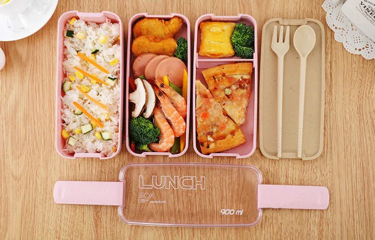 900ml 3 Layers Bento Box Eco-Friendly Food Container Wheat Straw Microwavable Lunchbox New style YHJ102202