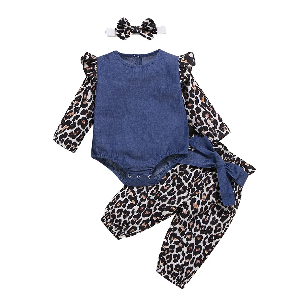 Одежда для малышей модный джинсовый Детский комбинезон с принтом леопарда для девочек, боди+ брюки с бантиком Roupa Infantil Menina - Цвет: Blue