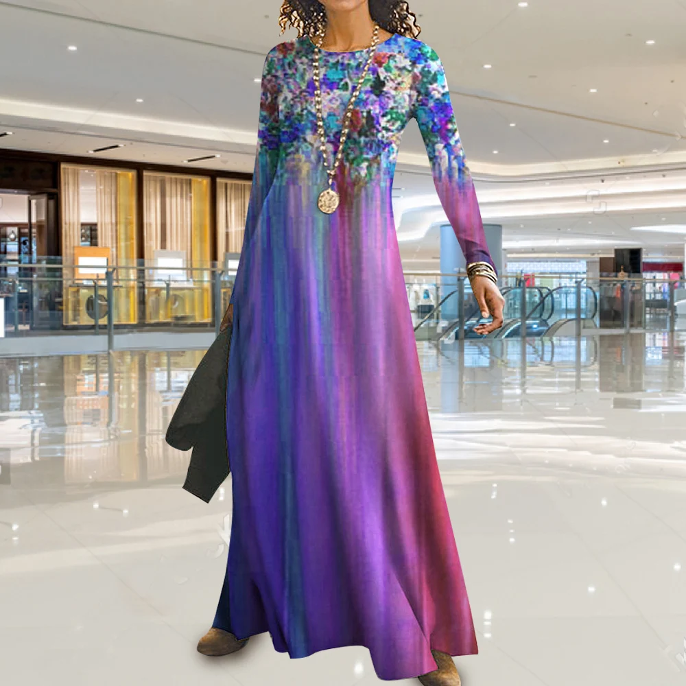 Women Loose Vintage Printed Long Full Sleeve Dress Large Big Spring Casual Party Maxi Fashion Dresses