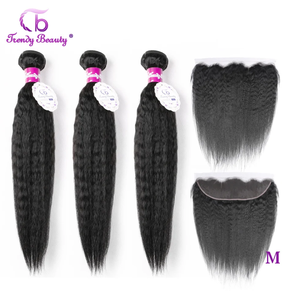 

Peruvian Kinky Straight Bundles With Frontal 2/3Bundles With 13x4 Ear to Ear Frontal Closure Non-remy Human Hair Trendy Beauty