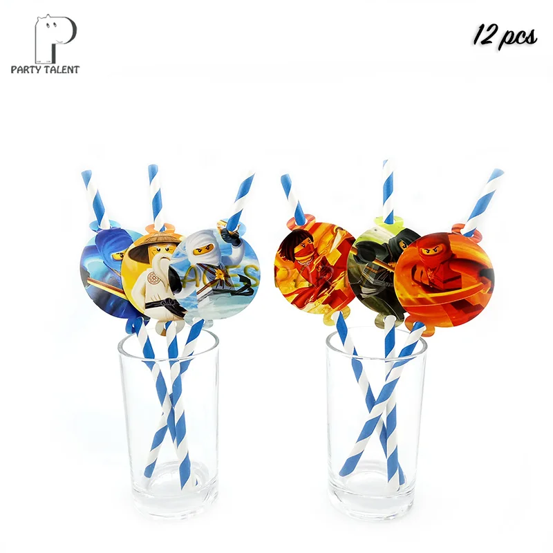 12pcs straws Мальчики Дети Ninjagoing тема посуда для вечеринки в честь Дня Рождения шар конфеты коробка флаг тарелка чашка соломы кисточкой вечерние принадлежности - Цвет: 12pcs straws