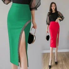 Женские юбки средней длины размера плюс S-3XL, новинка, модная офисная Женская юбка с высокой талией и разрезом, элегантная облегающая юбка-карандаш