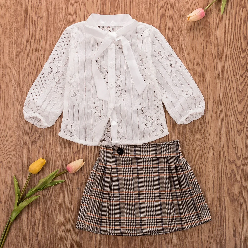 1-6Y Cute Toddler Kid Baby Girl Clothes Sets White Lace Tops T-shirt Plaid Print Skirt 2pcs Outfits Clothes Casual Set