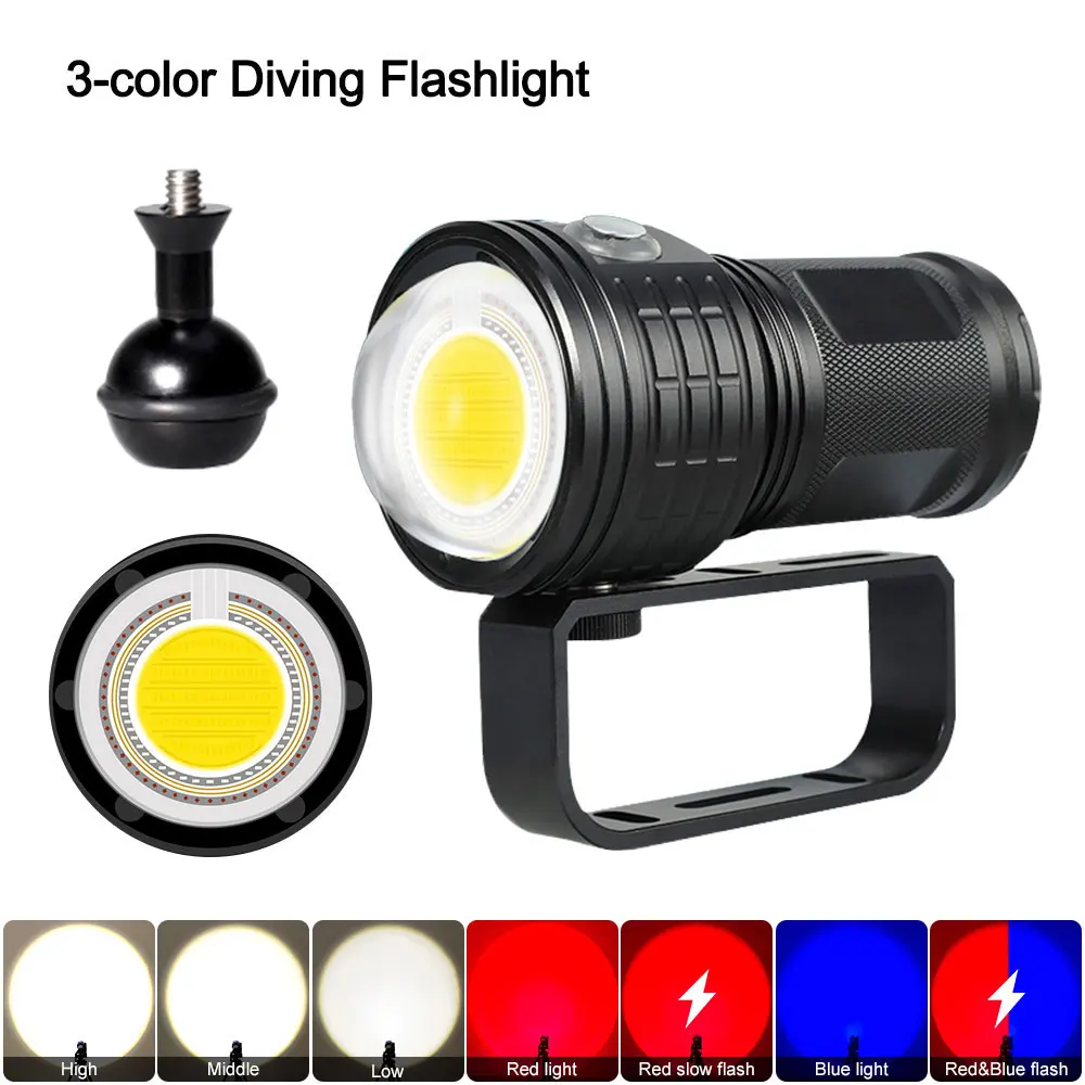 Details about   Underwater 100m 10000Lm 4xW+2xR LED Photography Video Scuba Diving Flashlight 