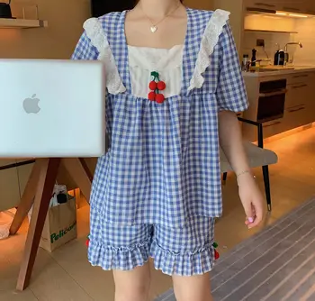 

Ins summer new sweet cherry Plaid loose comfortable cotton linen short sleeve shorts Pajama home clothes suit for women