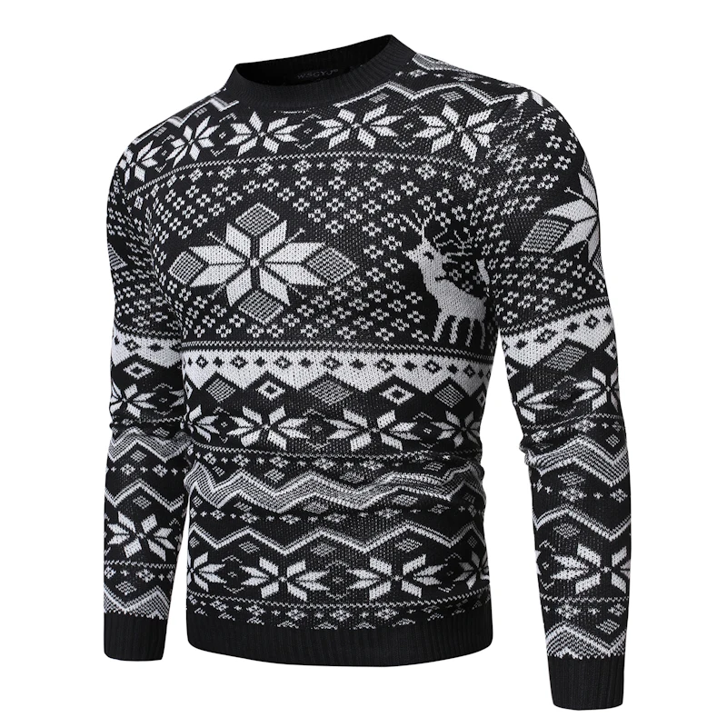 Loldeal Men Long Sleeve Sweater Soft Snowflake Cotton Knit Round Neck Casual