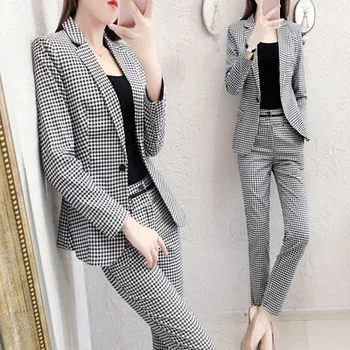 

2020 Autumn Professional Fashion Pants Suit Elegant Business Suits Ladies Two Sets Office Lady Womans Suits White Black Plaid