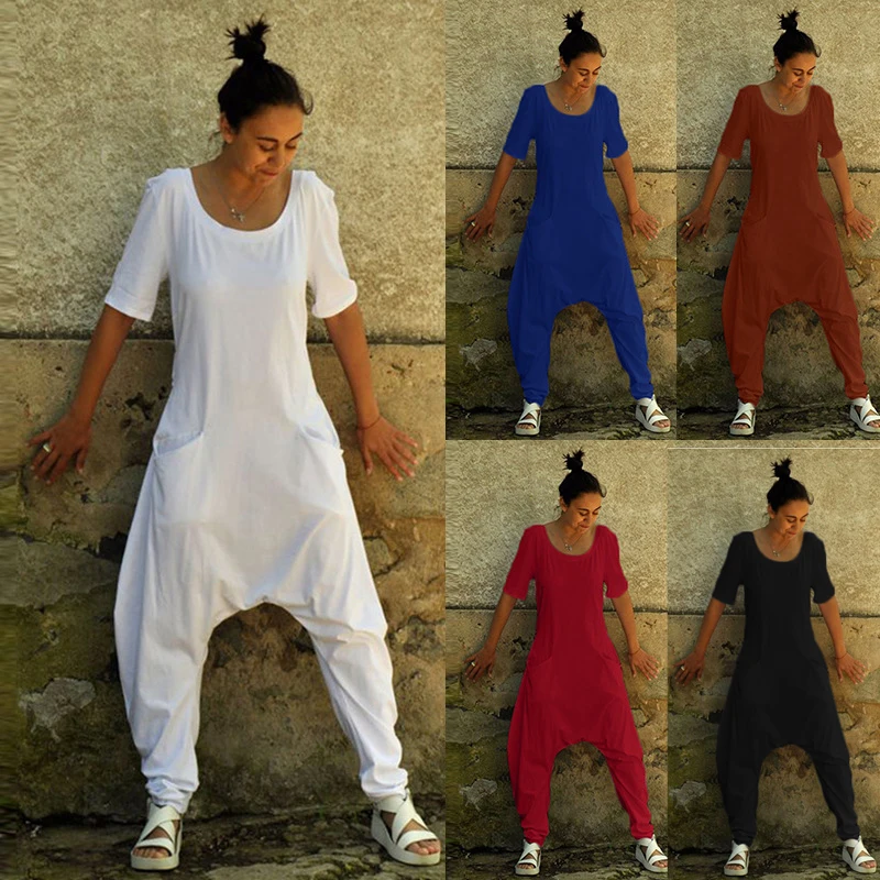 Комбинезон Женский свободного покроя с круглым вырезом коротким рукавом и