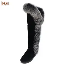 INOE Новые Роскошные Длинные зимние женские сапоги выше колена с мехом песца зимние сапоги из коровьей замши удобные женские ботфорты на плоской подошве на натуральном меху нескользящие сапоги высокие Цвет Черный