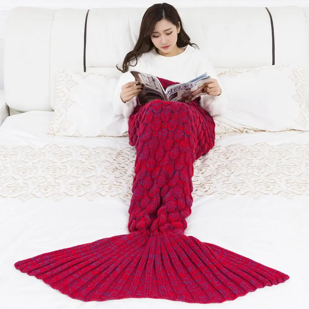 Красочное одеяло «русалка», теплое Покрывало «хвост русалки» для дивана, спальни, взрослых и детей, для отдыха, сна, вязанное крючком одеяло s - Цвет: red