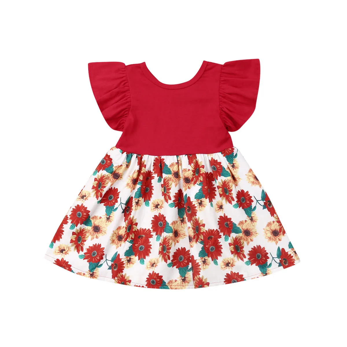 

1-6Y Cute Kids Baby Girl Sunflower Sundress Ruffles Sleeve Print Knee Length A-Line Princess Summer Dress
