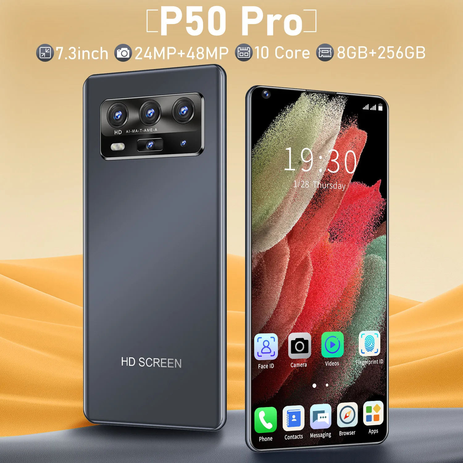 Galxy P50 Pro 7.3 Inch 256GB Smartphone MTK6889 5600mAh Large Screen Mobile Phone Android 10 24MP Face ID Fingerprint Dual Card