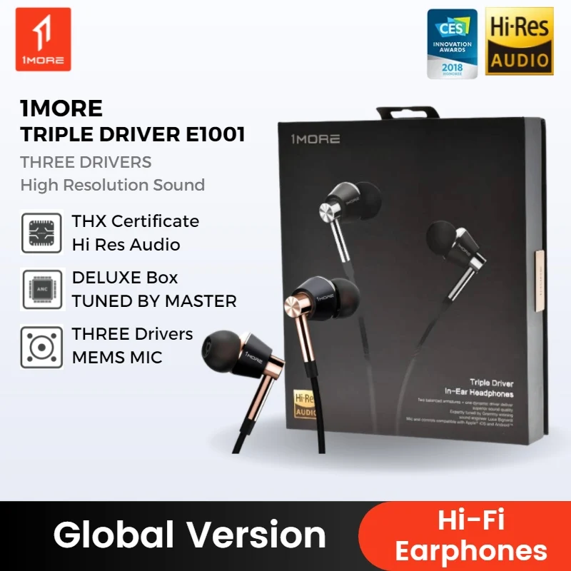 1MORE Triple Driver Wired Hi-Fi Headphones HI-RES Audio with High Resolution Bass Driven Sound MEMS Microphone In-Line Remote |