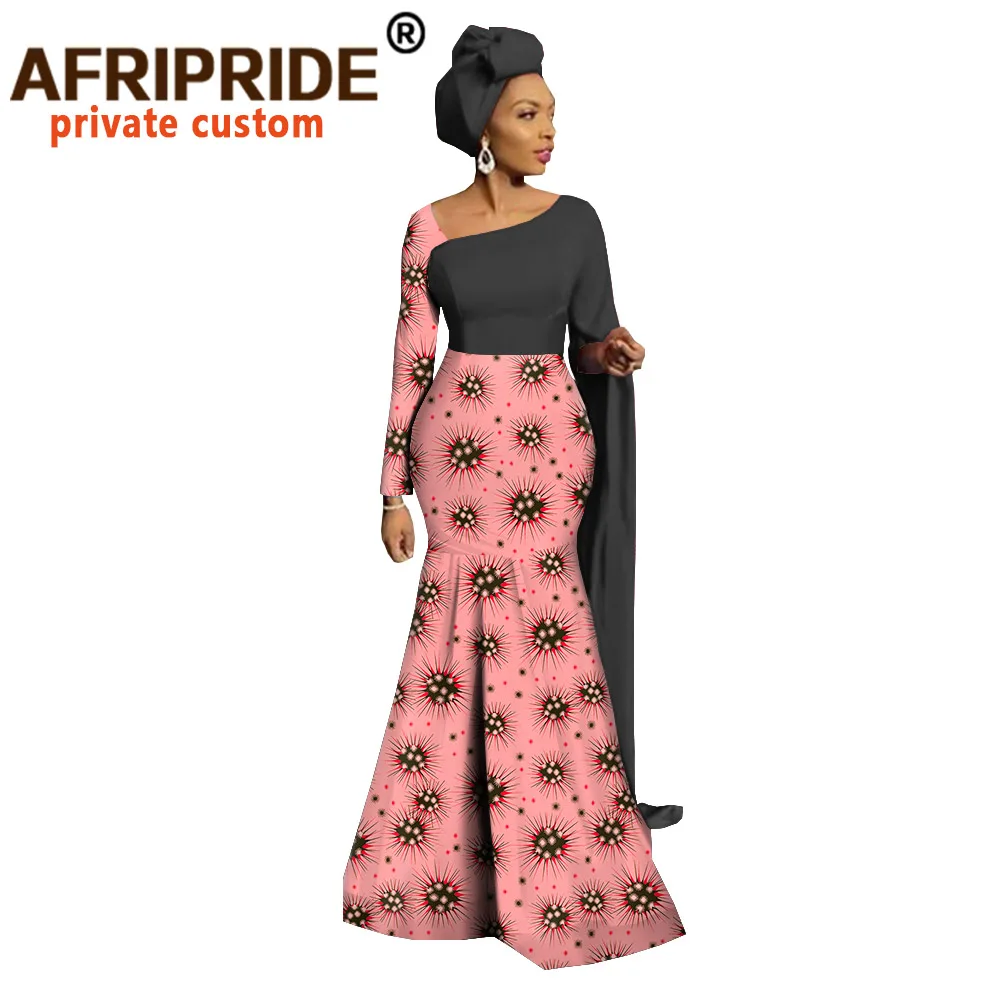 Afripride African Print Maxi Dress for Women Tailor Made Floor Length Women Trumpet Cotton Dress with Headwrap A2025001 1