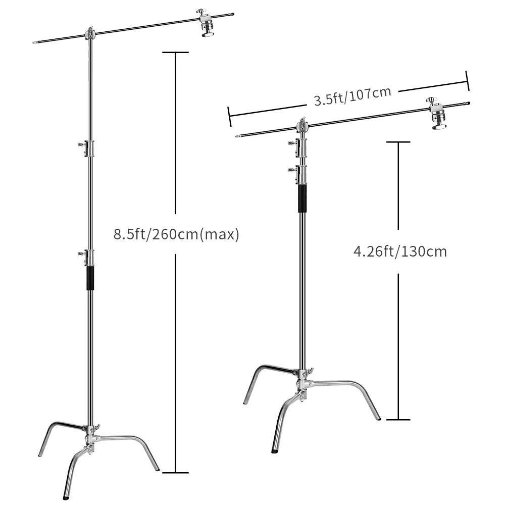 HRIDZ Stainless Steel Heavy Duty C Stand with Boom Arm - Max Height 8.5ft/260cm Photography Light