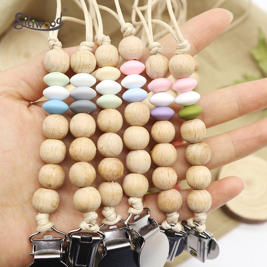 Baby Pacifier Clips Wooden Chain Beads Dummy Soother Clip Holder Nipple Attachment Wood Teether | Мать и ребенок