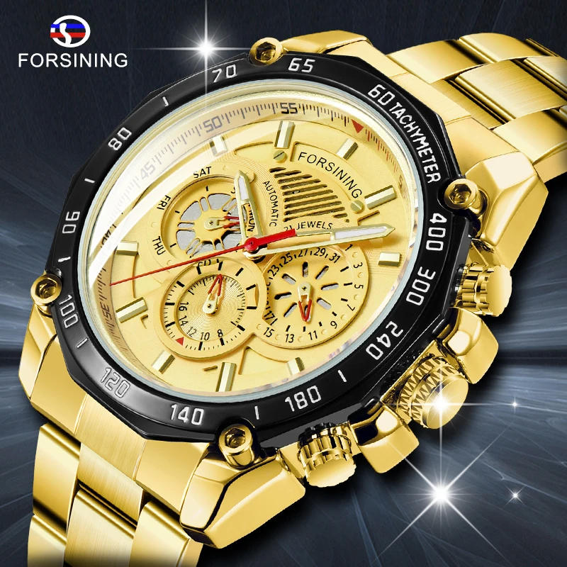 

Forsining Golden Stainless Steel Three Dial Design Mens Racing Sport Automatic Wrist Watches Top Brand Luxury Relogio Mechanical