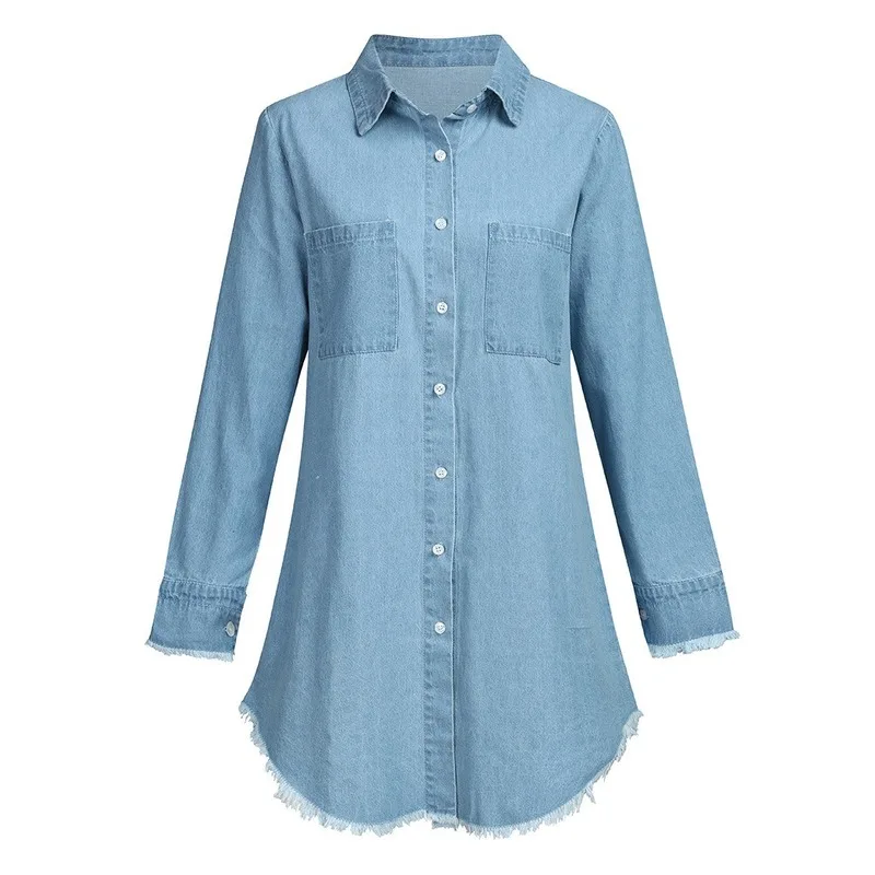  Women Long Shirts Spring Fall Casual V Neck Blouse Tassel Denim Top Ladies Tunic Long Sleeve Long T