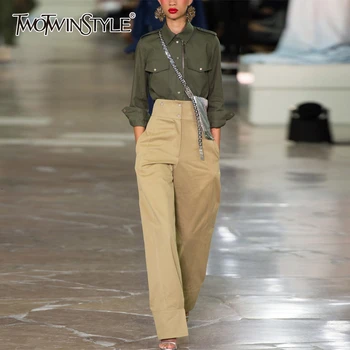 

TWOTWINSTYLE Two Piece Set For Women Lapel Collar Long Sleeve Shirts High Waist Wide Leg Pants Female Suit 2020 Autumn Fashion