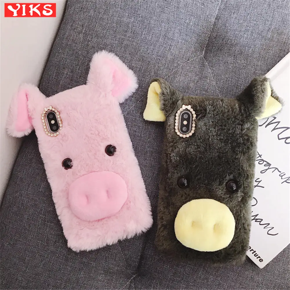 

Hairy Cute Pig Phone Cover For iPhone X XS 11 Pro Max XR 6 6S 7 8 Plus Case For iPhone 5 5S SE Soft Plush Case Coque