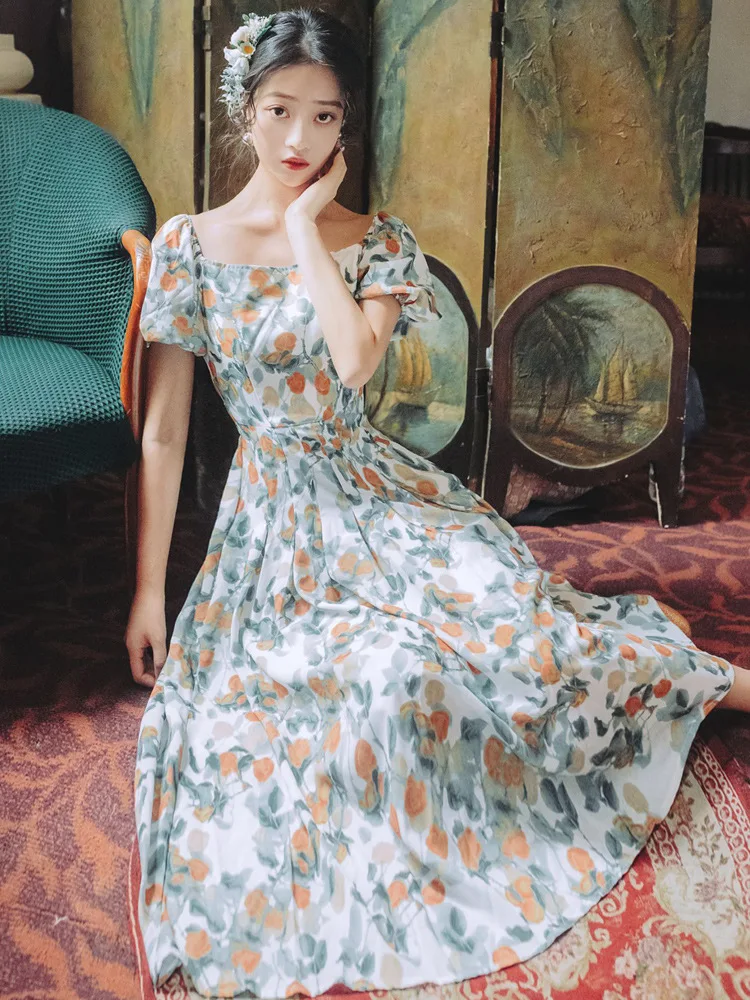 

2020 Spring And Summer New Style French Vintage Floral-Print Chiffon Dress Women's Waist Hugging Slimming Elegant Gentle Fairy S