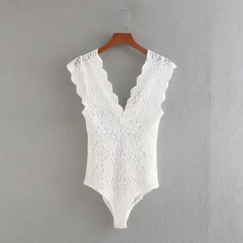 

New 2020 Women sexy sleeveless black white color lace slim bodysuit chic siamese blouse female perspective playsuits blusas P811