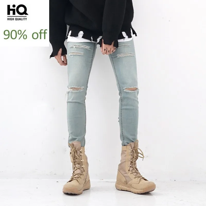 

High Street Washed Straight Men Jeans Trousers Personalized Knee Hole Ripped Jeans High Quality Slim Pencil Pants Men Streetwear