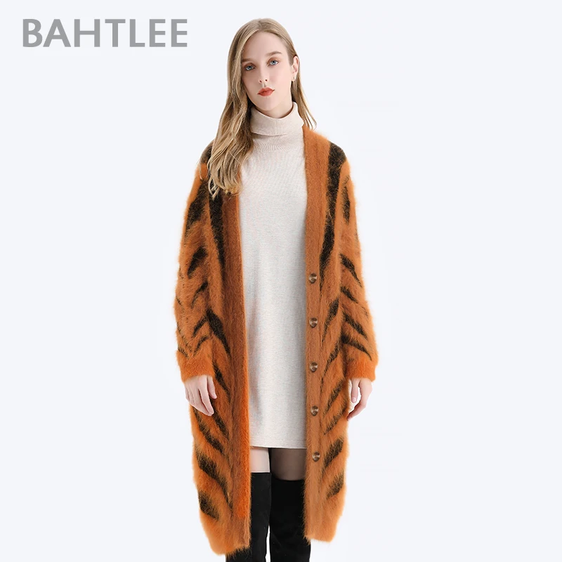 

BAHTLEE Women Angora Long Cardigans Sweater Tiger stripe Leopard pattern Winter Wool Knitted Coat Jumper Open Stitc V-Neck