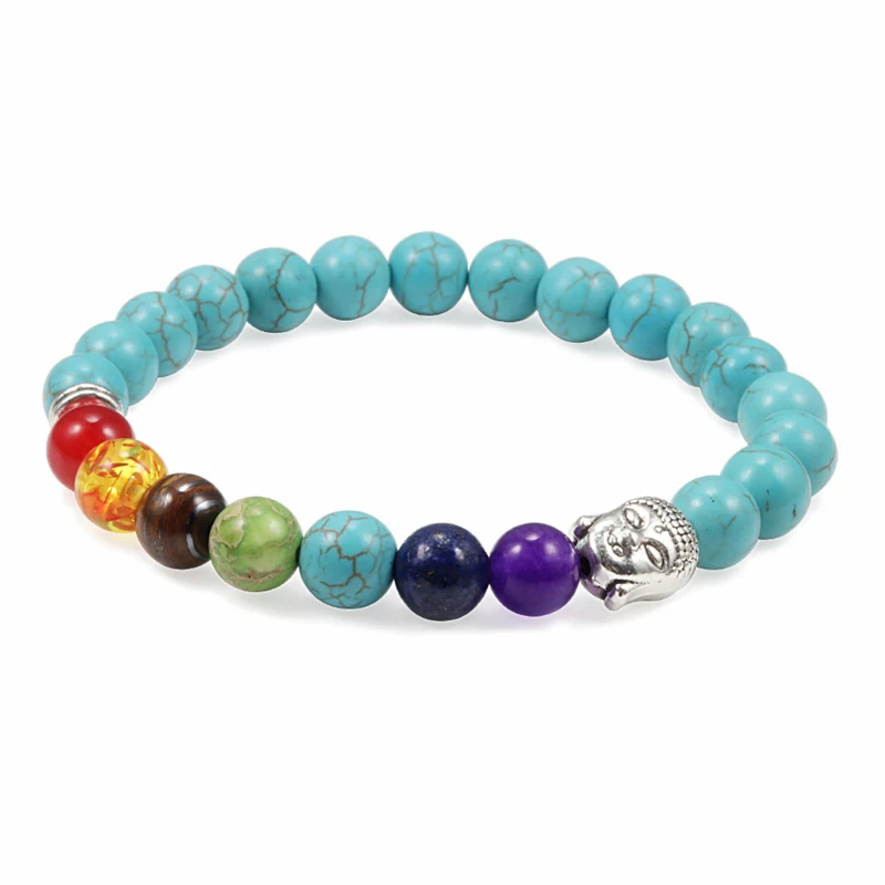 

Natural Stone Black Lave Rock Stone Buddha Beads Bracelet 7 Chakra Healing Balance Strand Bracelets Reiki Prayer Jewelry Bangles