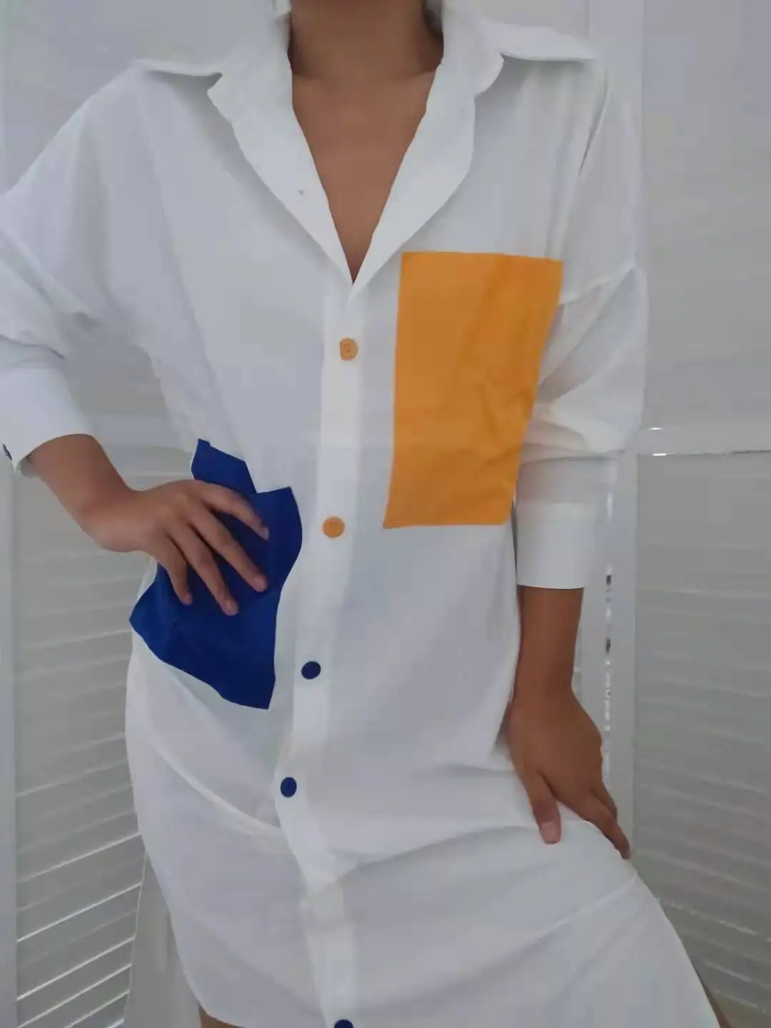 colorblock pocket design irregular shirt dress