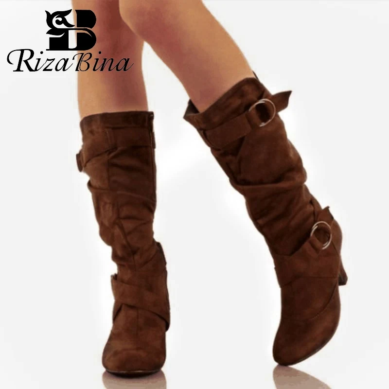 

RizaBina New Knee High Boots Women Round Toe Solid Color Mid Heels Shoes Woman Autumn Winter Daily Women Footwear Size 34-43