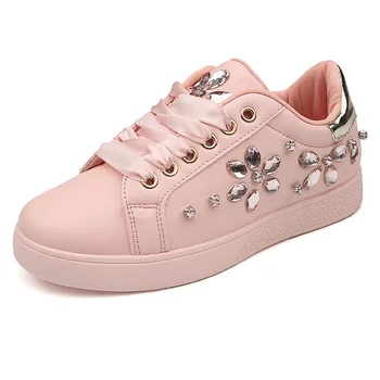 

Women Low Top PU Leather Sneakers Elegant Crystal Walking Skateboard Shoes Casual Leisure Running Sports Tennis Shoes