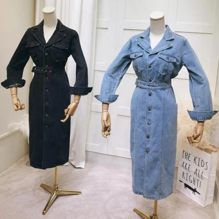Осеннее Новое модное джинсовое платье с зубчатым воротником, ретро приталенное однобортное платье-карандаш с длинным рукавом