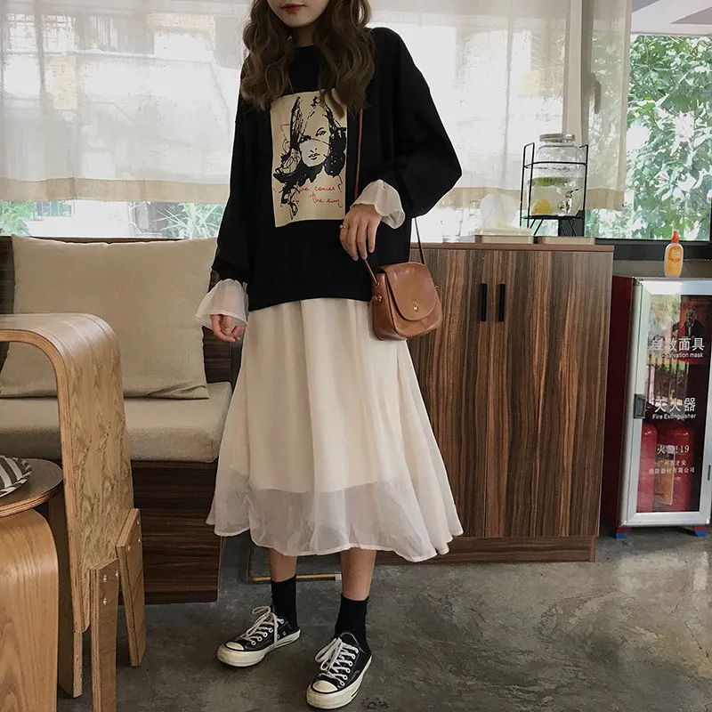 

Women Two Pieces Dress Sets Outfits White Chiffon Midi Dress&Chic Printed Hoodies Suits Autumn Fashion Pullovers 2pc Skirt Sets